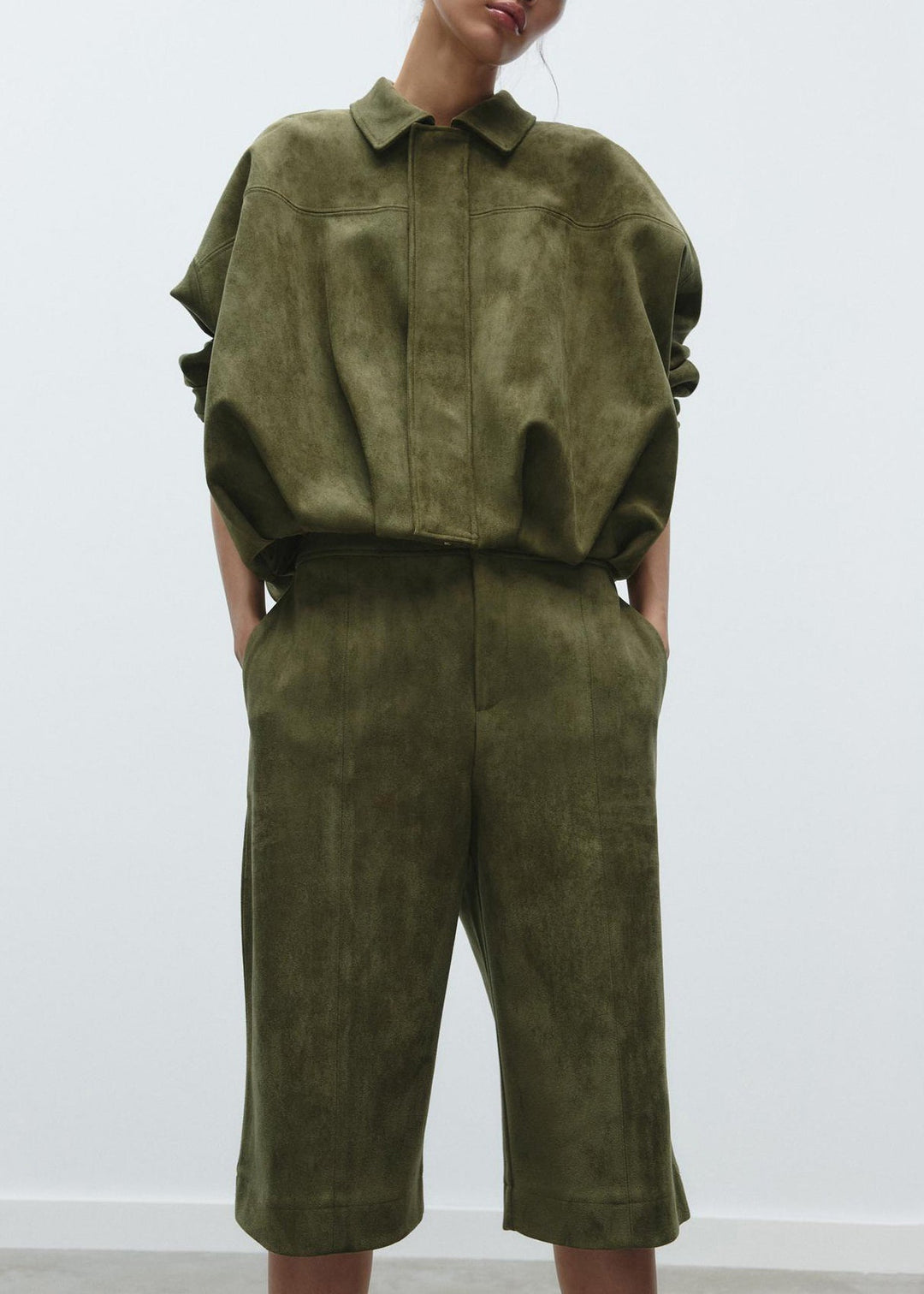 Loose Army Green Peter Pan Collar Pockets Faux Suede Two Piece Set Fall