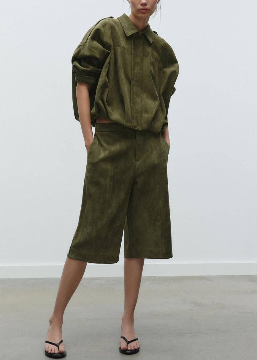 Loose Army Green Peter Pan Collar Pockets Faux Suede Two Piece Set Fall