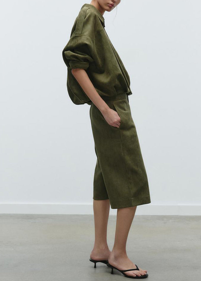 Loose Army Green Peter Pan Collar Pockets Faux Suede Two Piece Set Fall