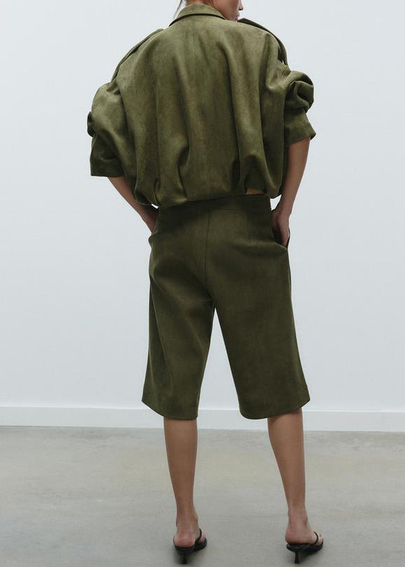Loose Army Green Peter Pan Collar Pockets Faux Suede Two Piece Set Fall