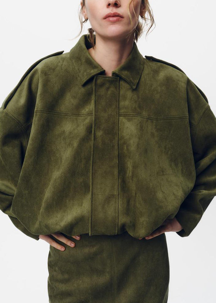 Loose Army Green Peter Pan Collar Pockets Faux Suede Two Piece Set Fall