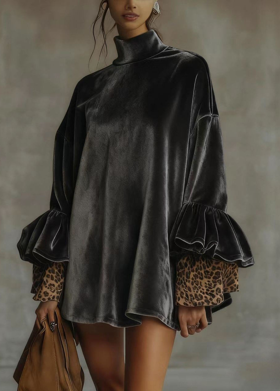 Loose Army Green Turtleneck Leopard Patchwork Velour Mini Dresses Spring