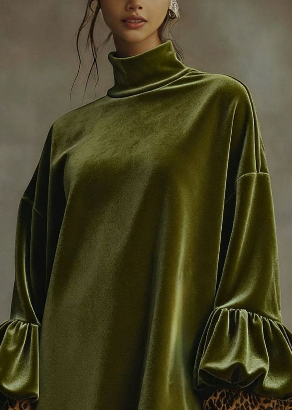 Loose Army Green Turtleneck Leopard Patchwork Velour Mini Dresses Spring