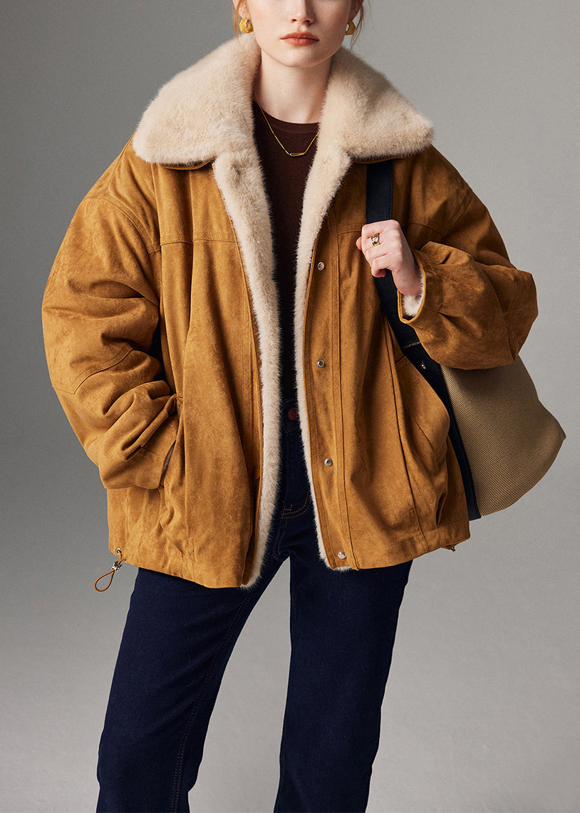 Loose Beige Button Drawstring Detachable Leather And Fur Coats Winter