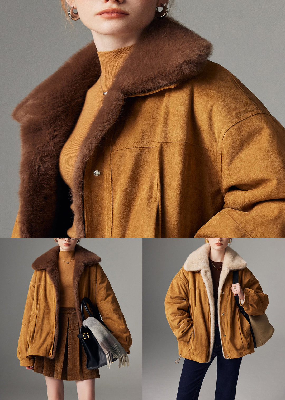 Loose Beige Button Drawstring Detachable Leather And Fur Coats Winter