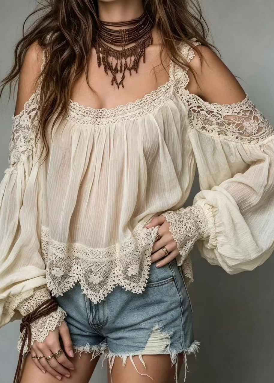 Loose Beige Cold Shoulder Lace Patchwork Top Puff Sleeve
