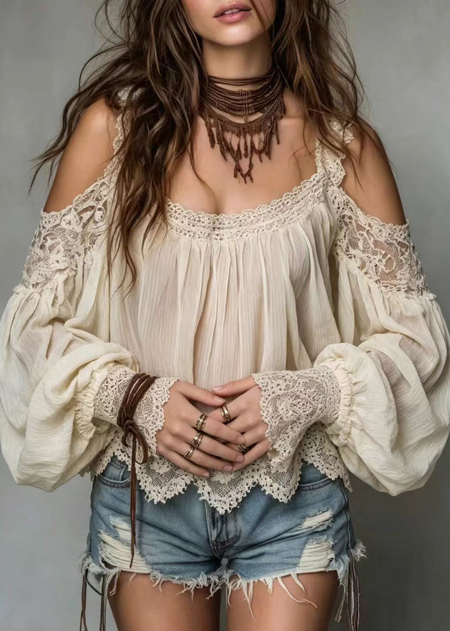 Loose Beige Cold Shoulder Lace Patchwork Top Puff Sleeve