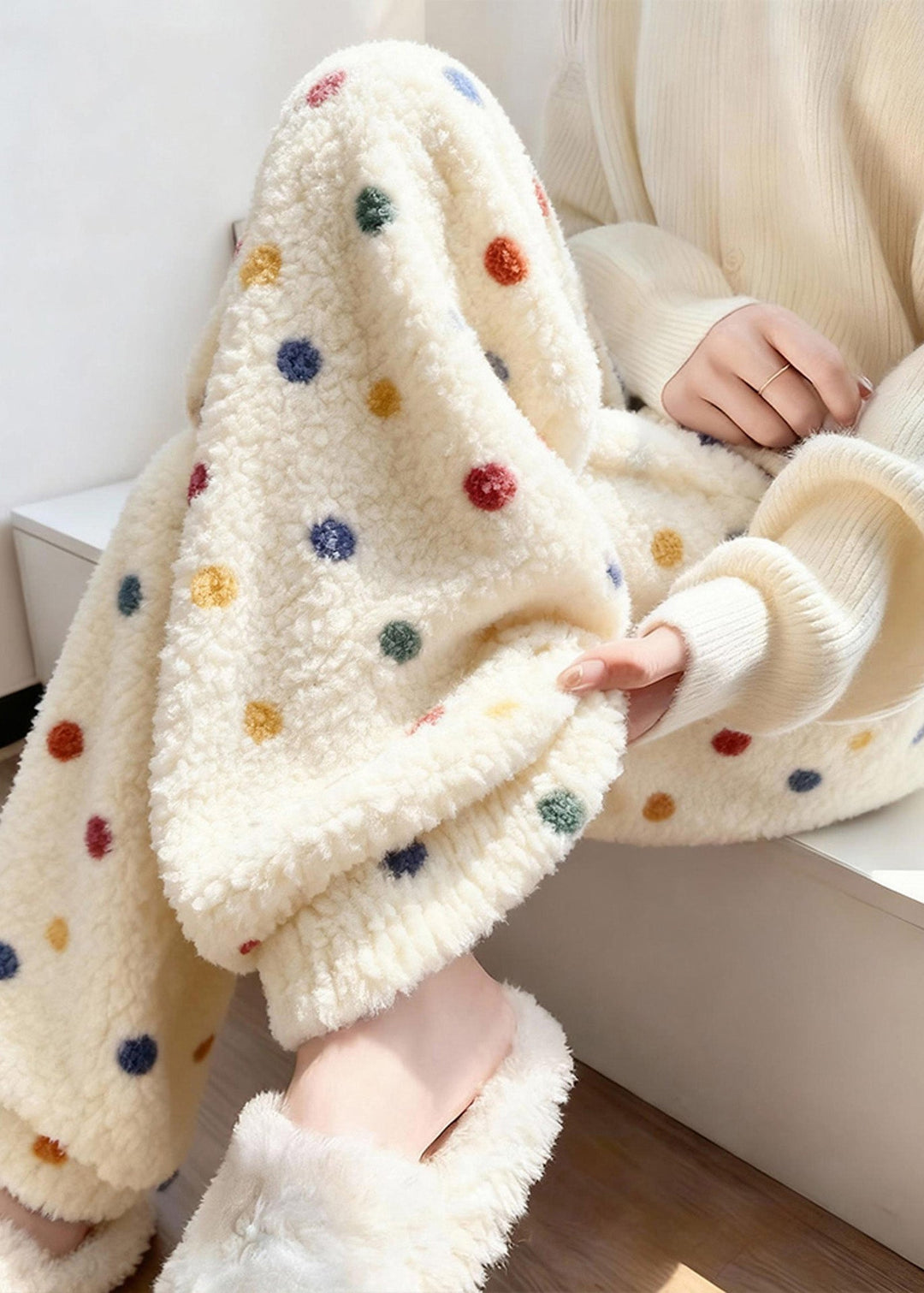 Loose Beige Colorful Dots Elastic Waist Fluffy Pants Winter