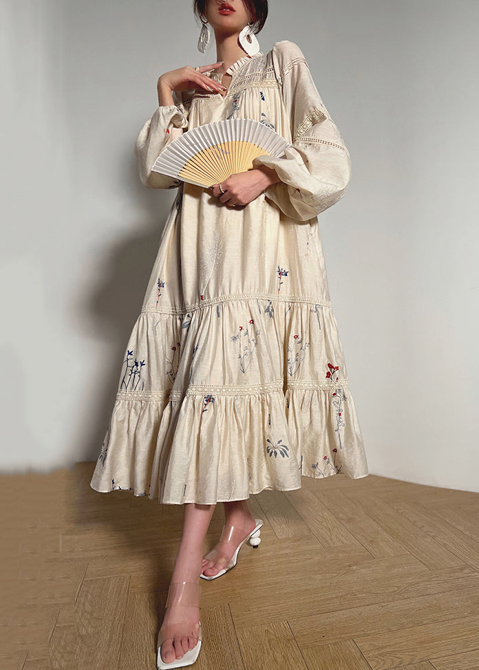 Loose Beige Embroidered Ruffled Pockets Linen Dress Long Sleeve Omychic Loose Beige Embroidered Ruffled Pockets Linen Dress Long Sleeve Omychic