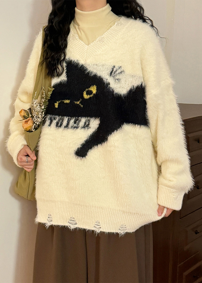 Loose Beige Hole Cats Cozy Mink Hair Knitted Sweater Spring