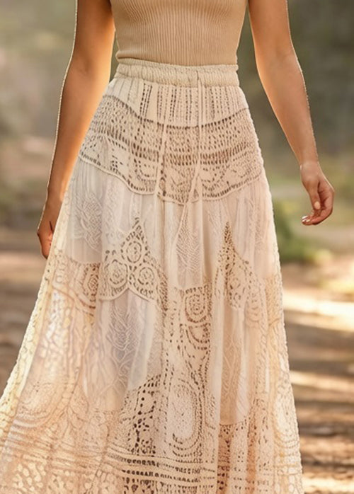 Loose Beige Hollow Out Drawstring Cotton Skirts Summer - Omychic