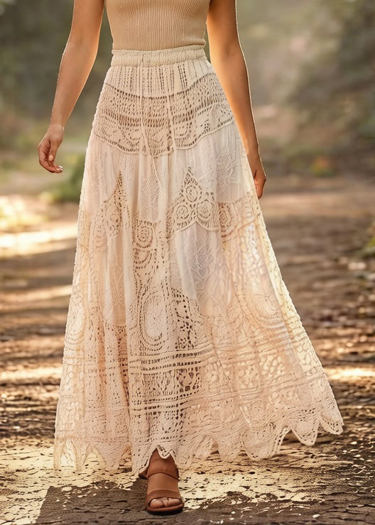 Loose Beige Hollow Out Drawstring Cotton Skirts Summer - Omychic