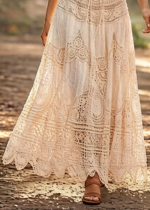 Loose Beige Hollow Out Drawstring Cotton Skirts Summer - Omychic