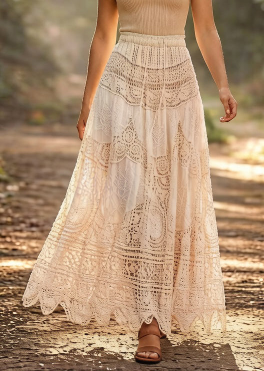 Loose Beige Hollow Out Drawstring Cotton Skirts Summer - Omychic