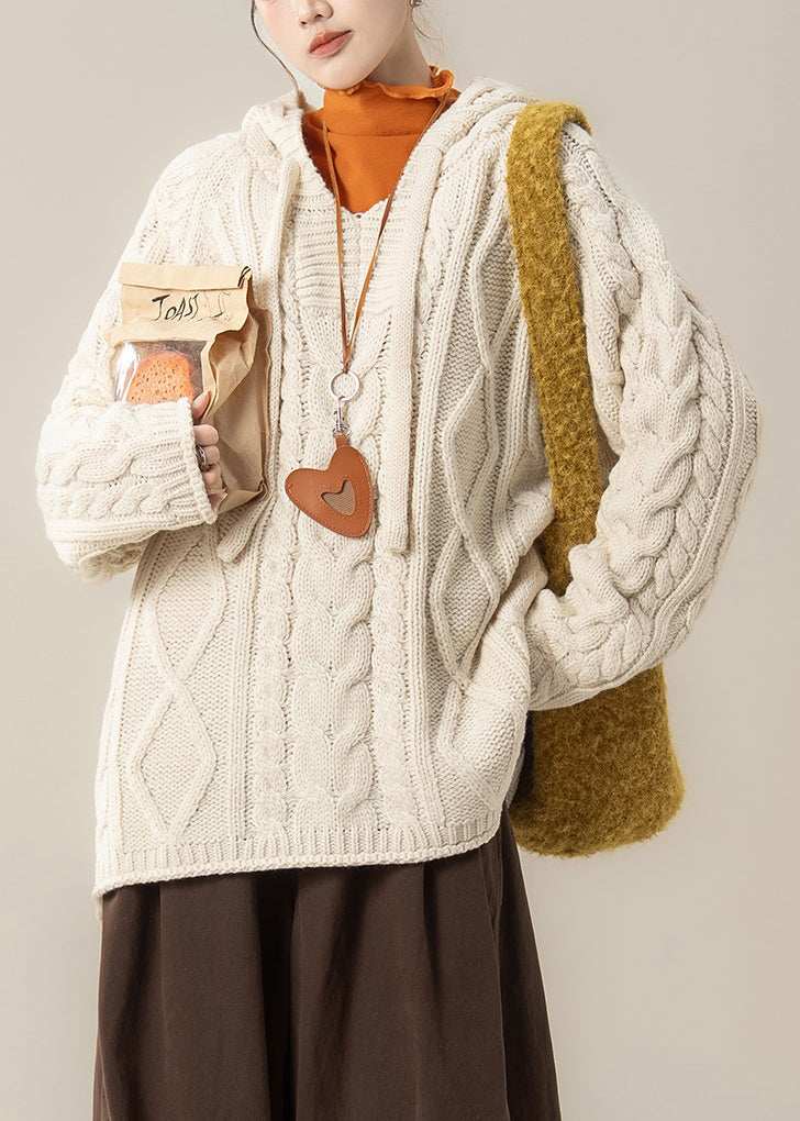 Loose Beige Hooded Cozy Cable Knit Sweater Tops Spring
