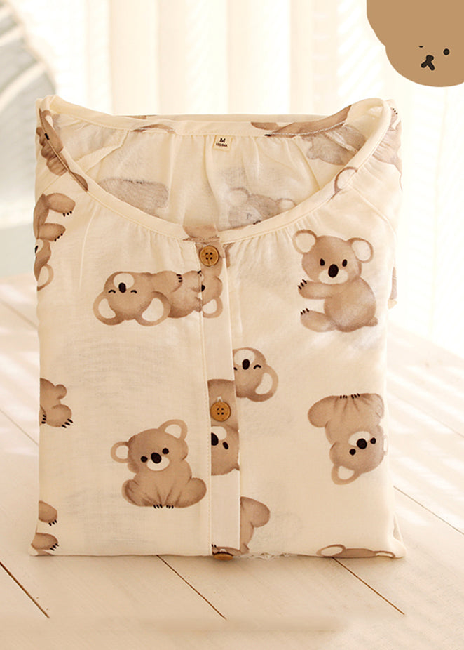 Loose Beige O-Neck Animal Print Button Cotton Two Piece Set Long Sleeve