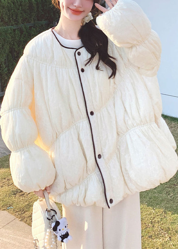 Loose Beige O Neck Button Pockets Duck Down Down Coat Lantern Sleeve