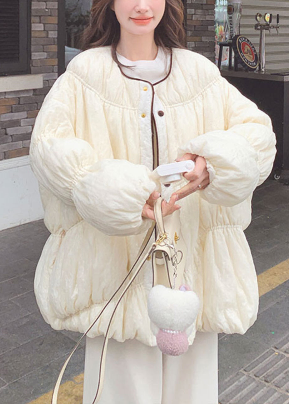 Loose Beige O Neck Button Pockets Duck Down Down Coat Lantern Sleeve
