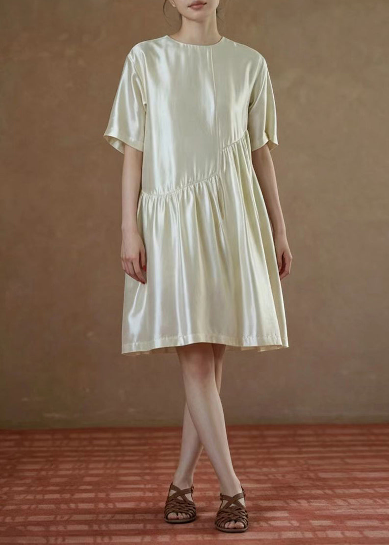 Loose Beige O-Neck Draping Vacation Dress Summer