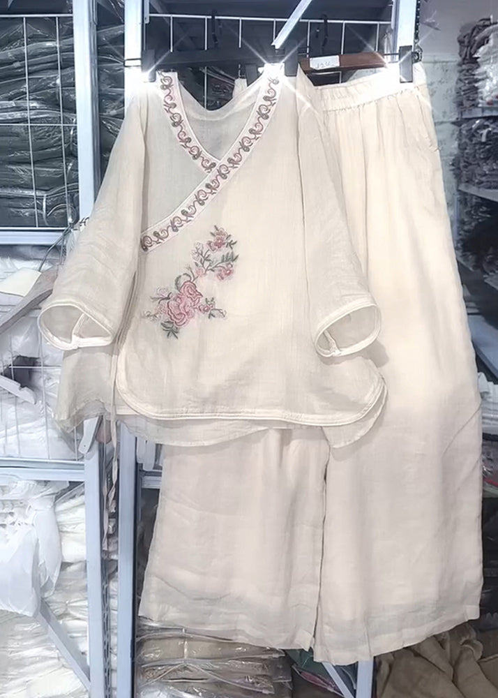 Loose Beige O Neck Embroidered Lace Up Linen Two Pieces Set Fall