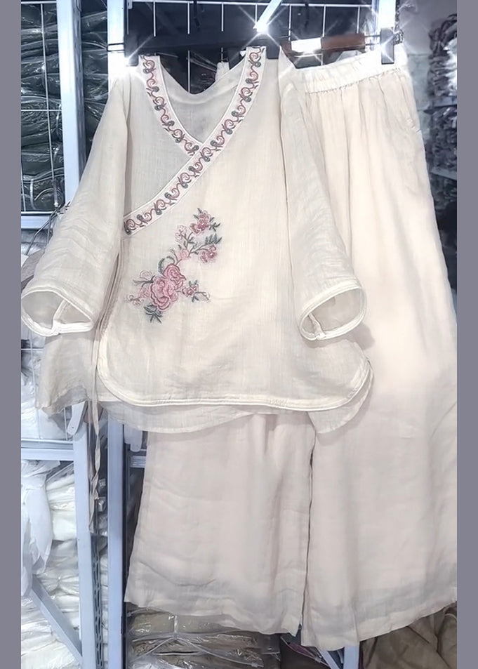Loose Beige O Neck Embroidered Lace Up Linen Two Pieces Set Fall