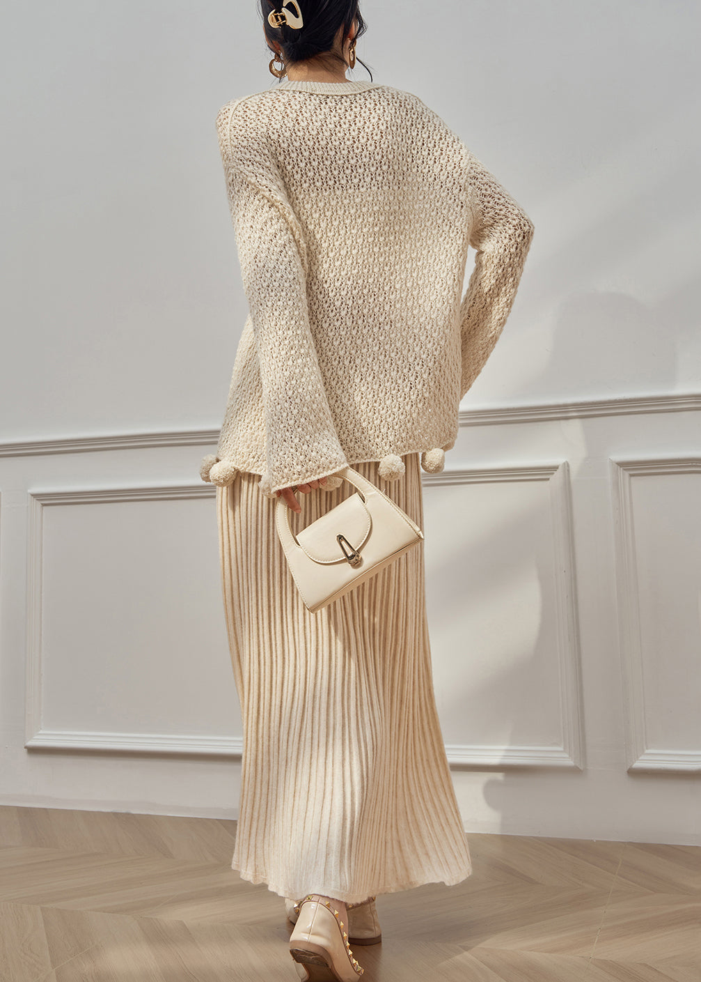 Loose Beige O Neck Hollow Out Fuzzy Ball Decorated Knit Two Pieces Set Fall