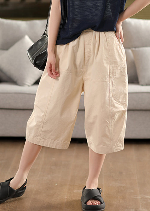 Loose Beige Original Design Elastic Waist Solid Cotton Crop Pants