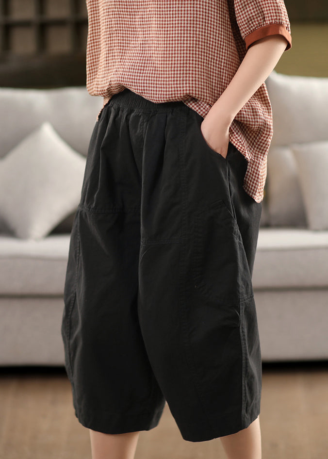 Loose Beige Original Design Elastic Waist Solid Cotton Crop Pants