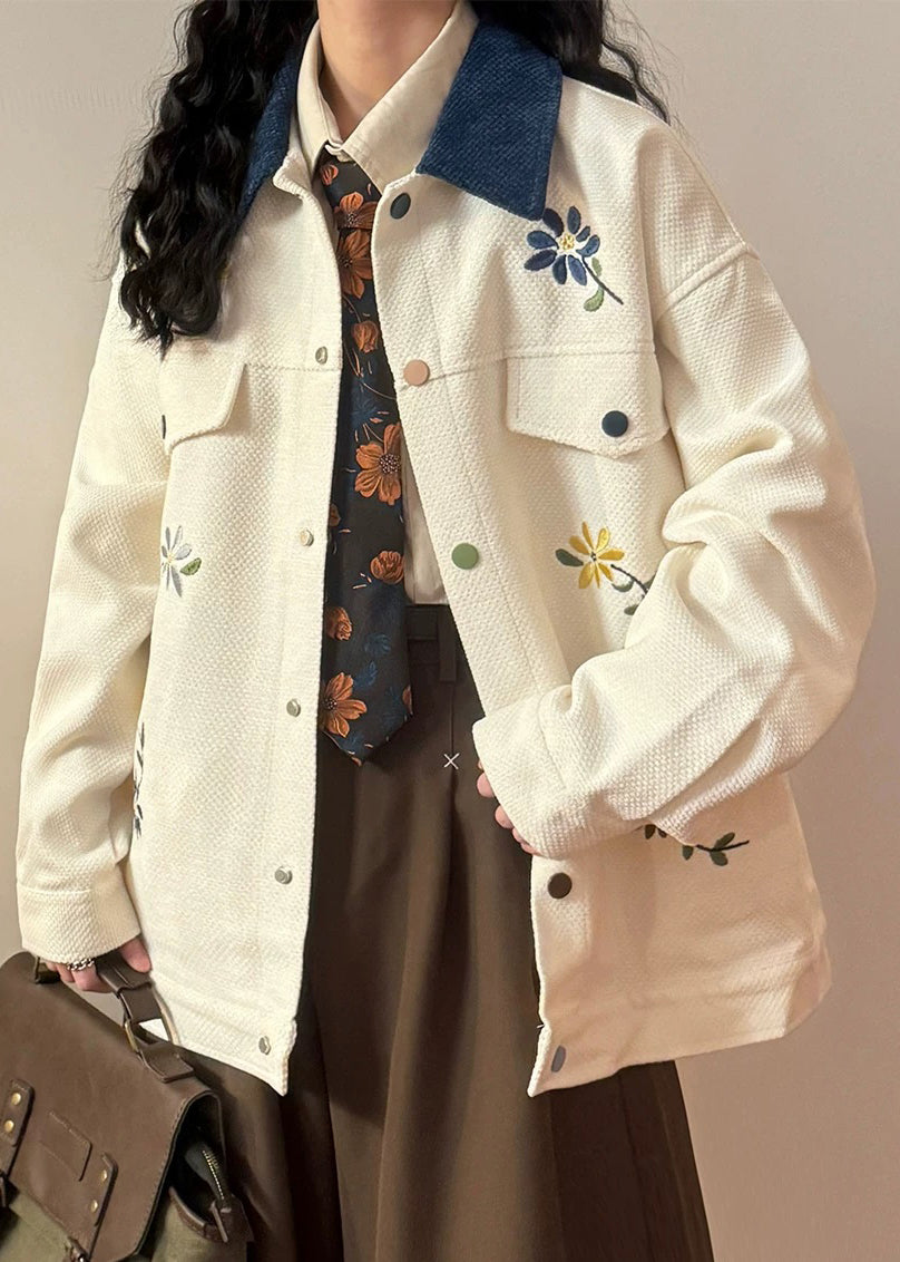 Loose Beige Peter Pan Collar Embroidered Cotton Coats Spring