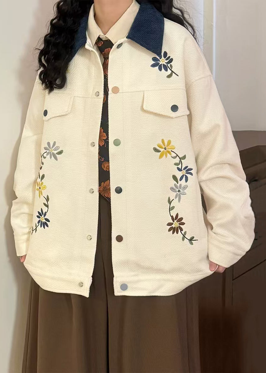 Loose Beige Peter Pan Collar Embroidered Cotton Coats Spring