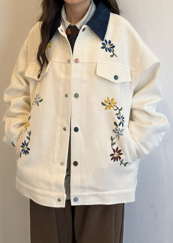 Loose Beige Peter Pan Collar Embroidered Cotton Coats Spring