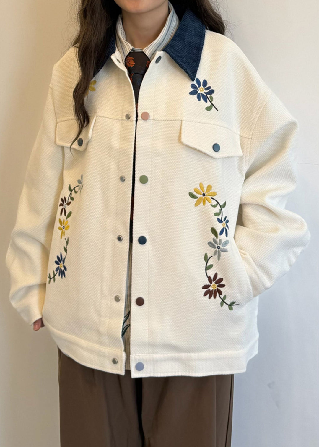 Loose Beige Peter Pan Collar Embroidered Cotton Coats Spring