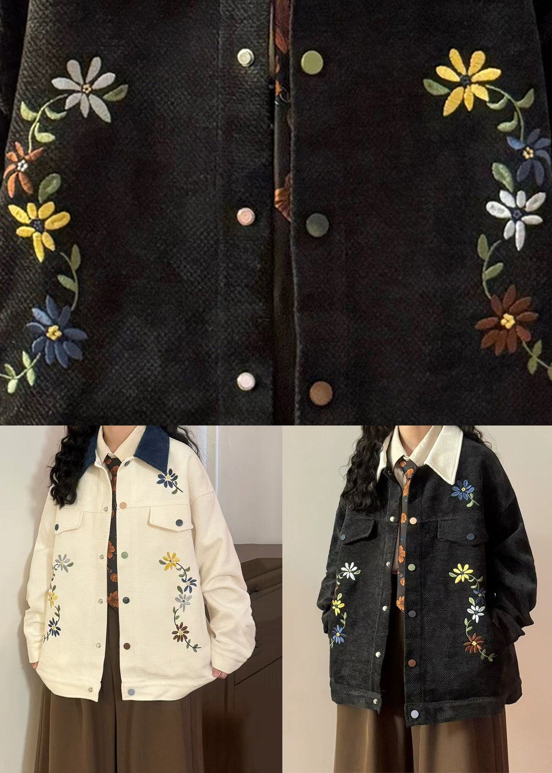 Loose Beige Peter Pan Collar Embroidered Cotton Coats Spring