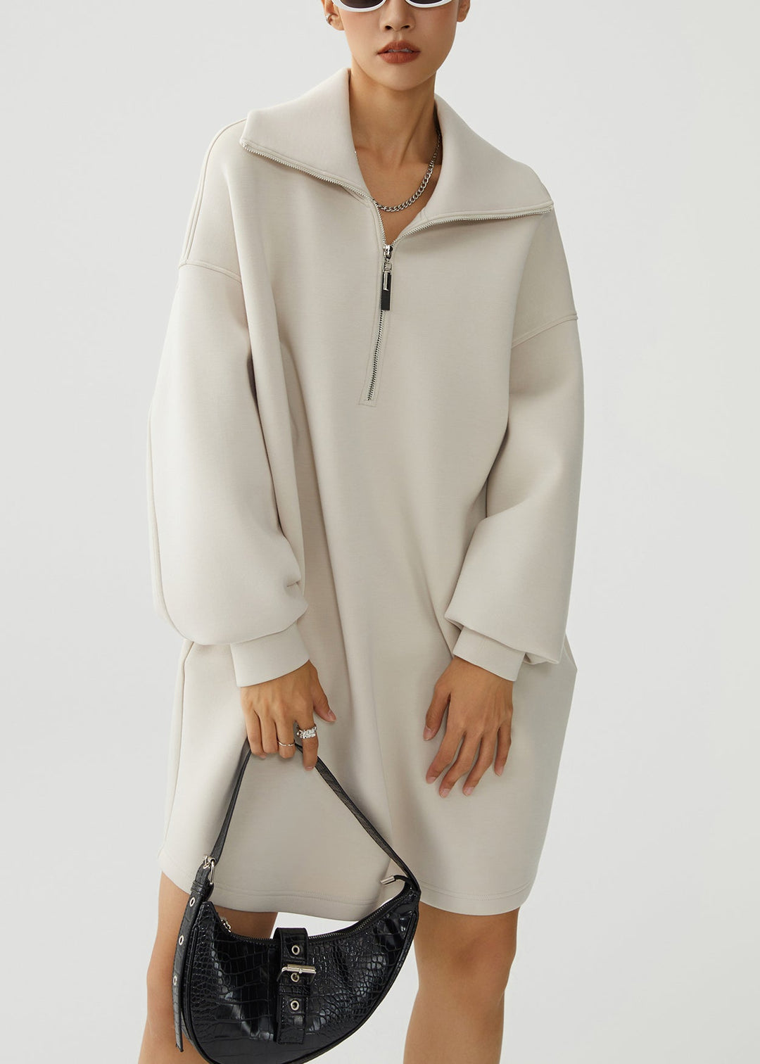 Loose Beige Peter Pan Collar Zip Up Warm Fleece Dress Winter
