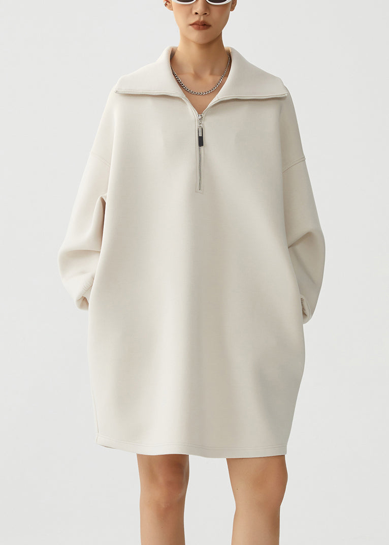 Loose Beige Peter Pan Collar Zip Up Warm Fleece Dress Winter
