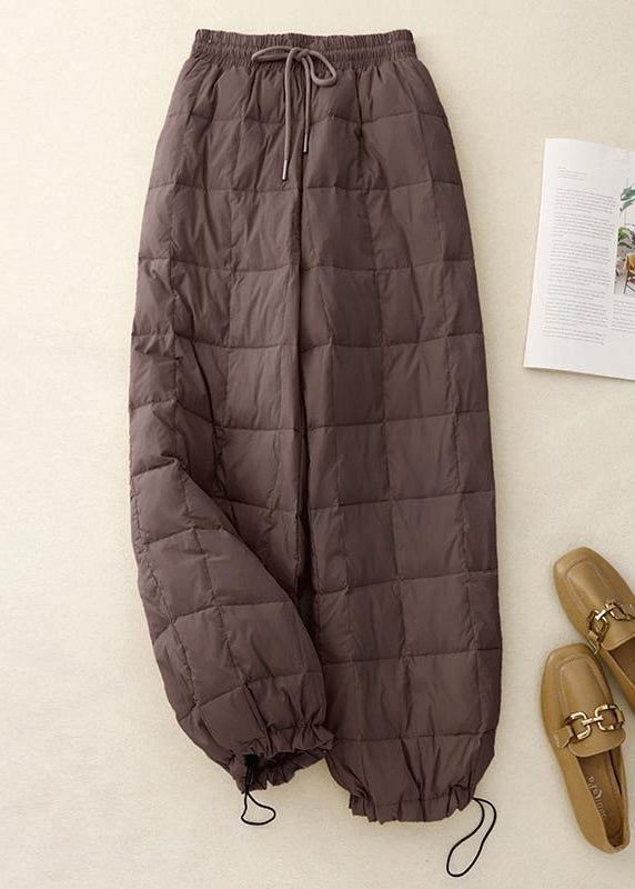 Loose Beige Plaid Drawstring Elastic Waist Fine Cotton Filled Pants Winter