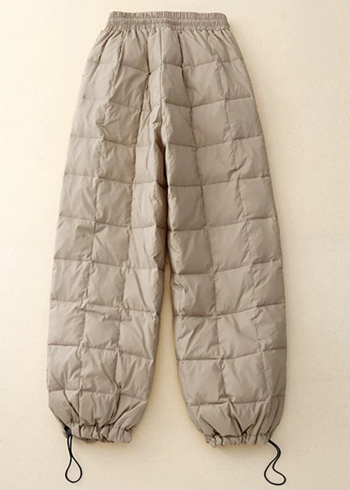 Loose Beige Plaid Drawstring Elastic Waist Fine Cotton Filled Pants Winter