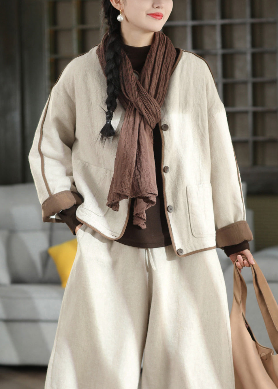 Loose Beige Pockets Button Patchwork Fine Cotton Filled Coats Winter