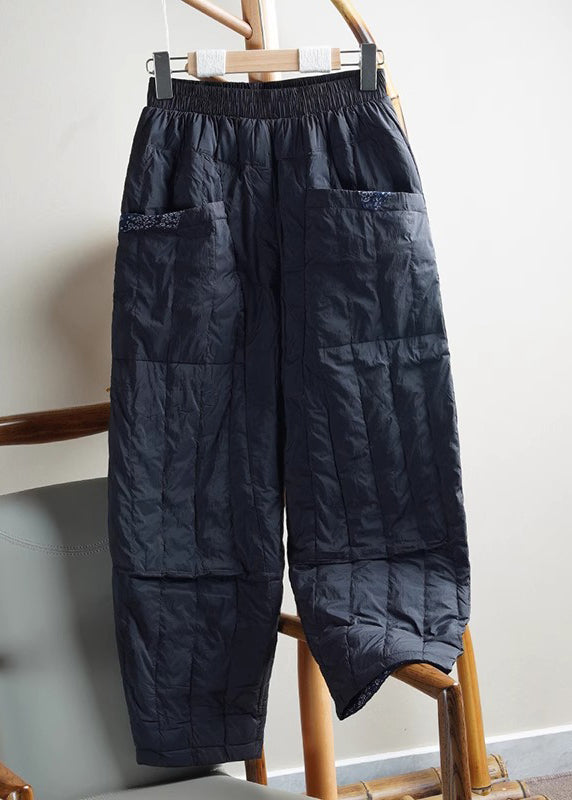 Loose Beige Pockets Elastic Waist Cotton Filled Pants Winter