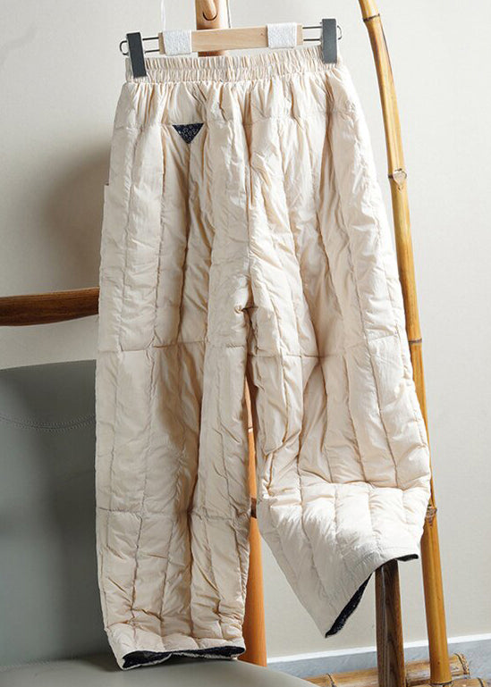 Loose Beige Pockets Elastic Waist Cotton Filled Pants Winter