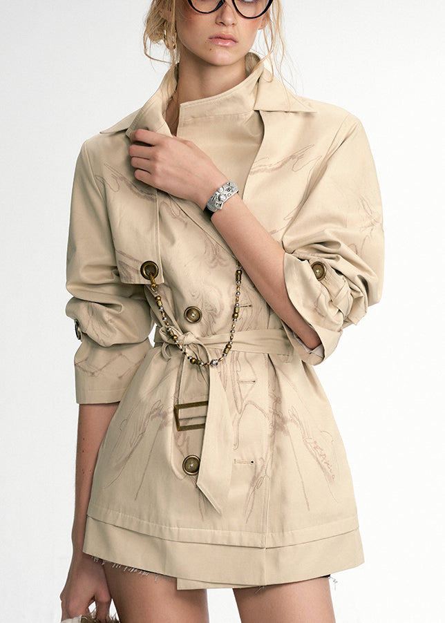 Loose Beige Print Double Breast Cotton Trench Coat Fall