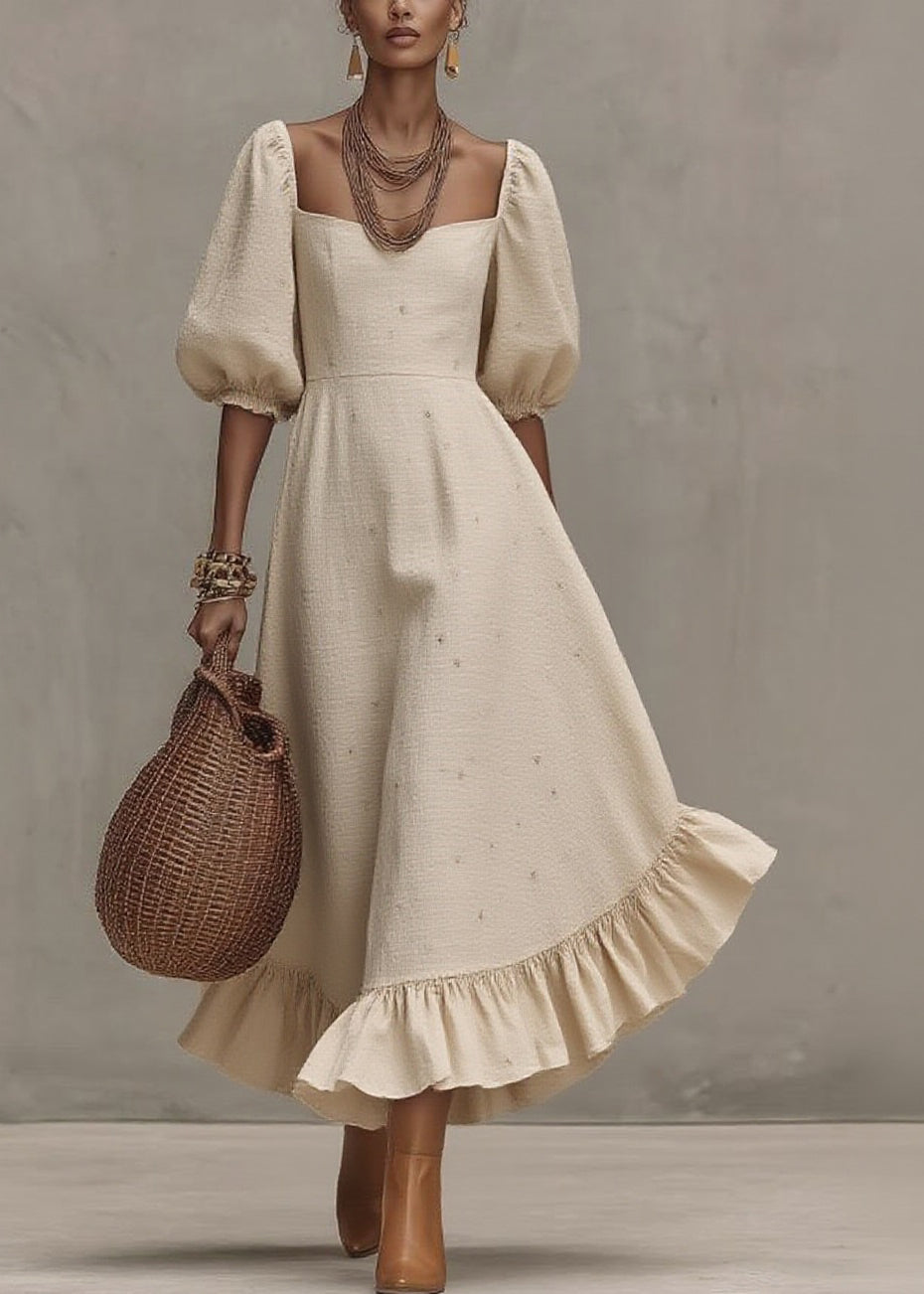 Loose Beige Square Collar Print Solid Long Dress Short Sleeve - Omychic