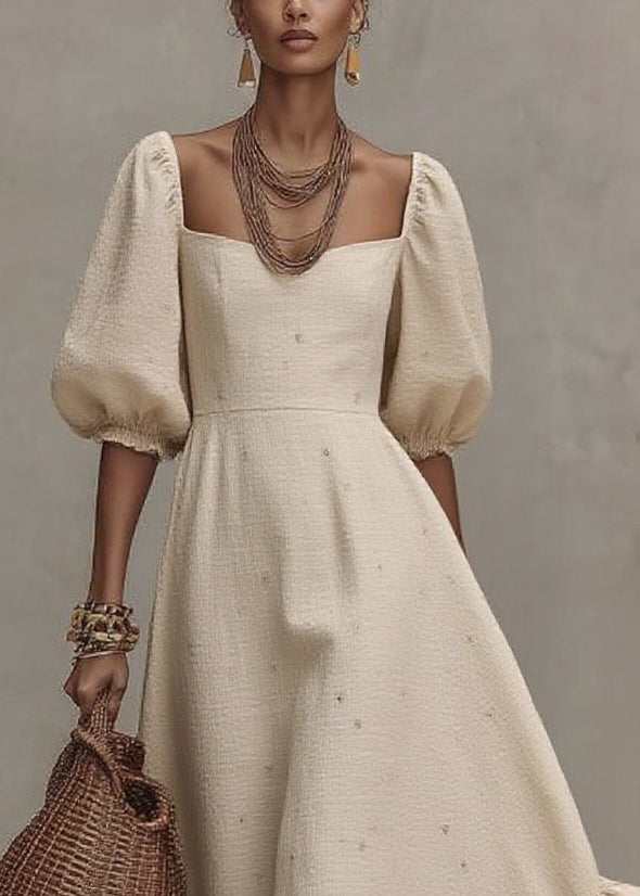 Loose Beige Square Collar Print Solid Long Dress Short Sleeve - Omychic