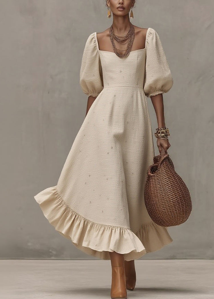 Loose Beige Square Collar Print Solid Long Dress Short Sleeve - Omychic