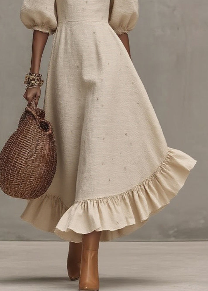 Loose Beige Square Collar Print Solid Long Dress Short Sleeve - Omychic