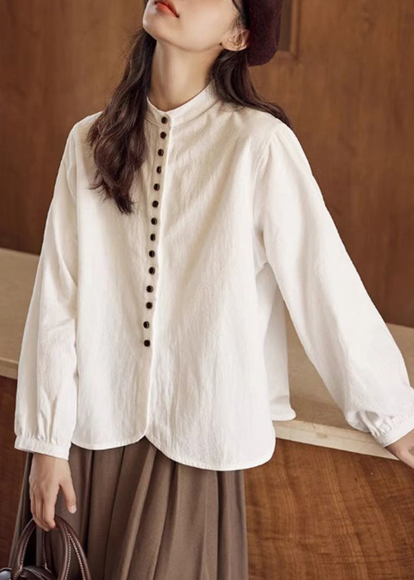 Loose Beige Stand Collar Button Solid Cotton T Shirts Fall