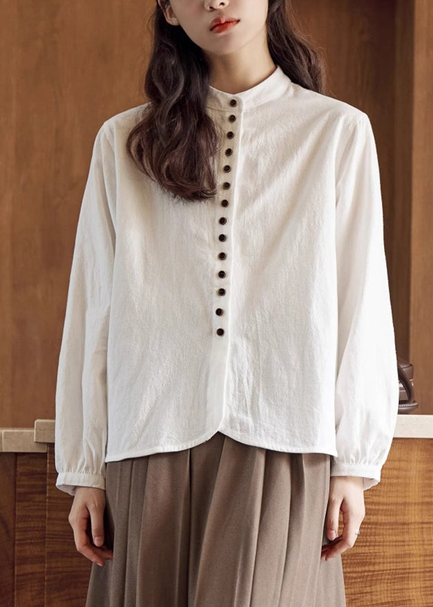 Loose Beige Stand Collar Button Solid Cotton T Shirts Fall