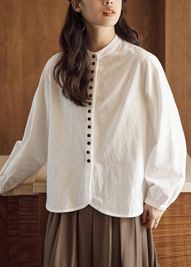 Loose Beige Stand Collar Button Solid Cotton T Shirts Fall