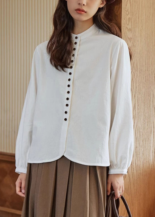 Loose Beige Stand Collar Button Solid Cotton T Shirts Fall