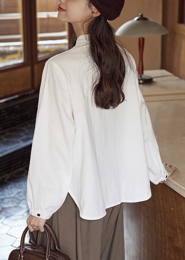 Loose Beige Stand Collar Button Solid Cotton T Shirts Fall